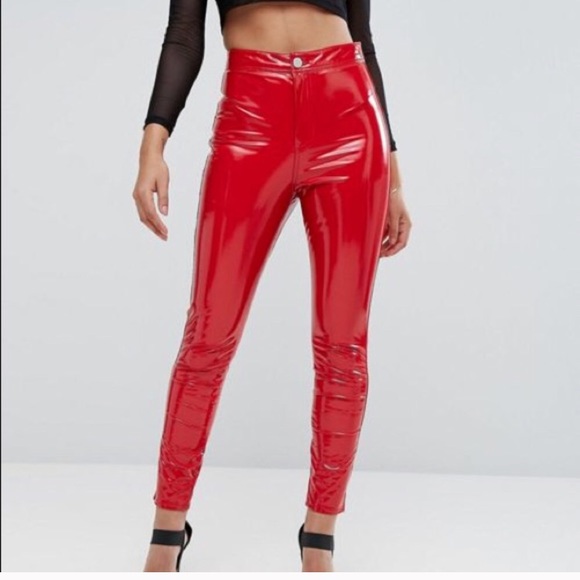 red high waisted vinyl pants